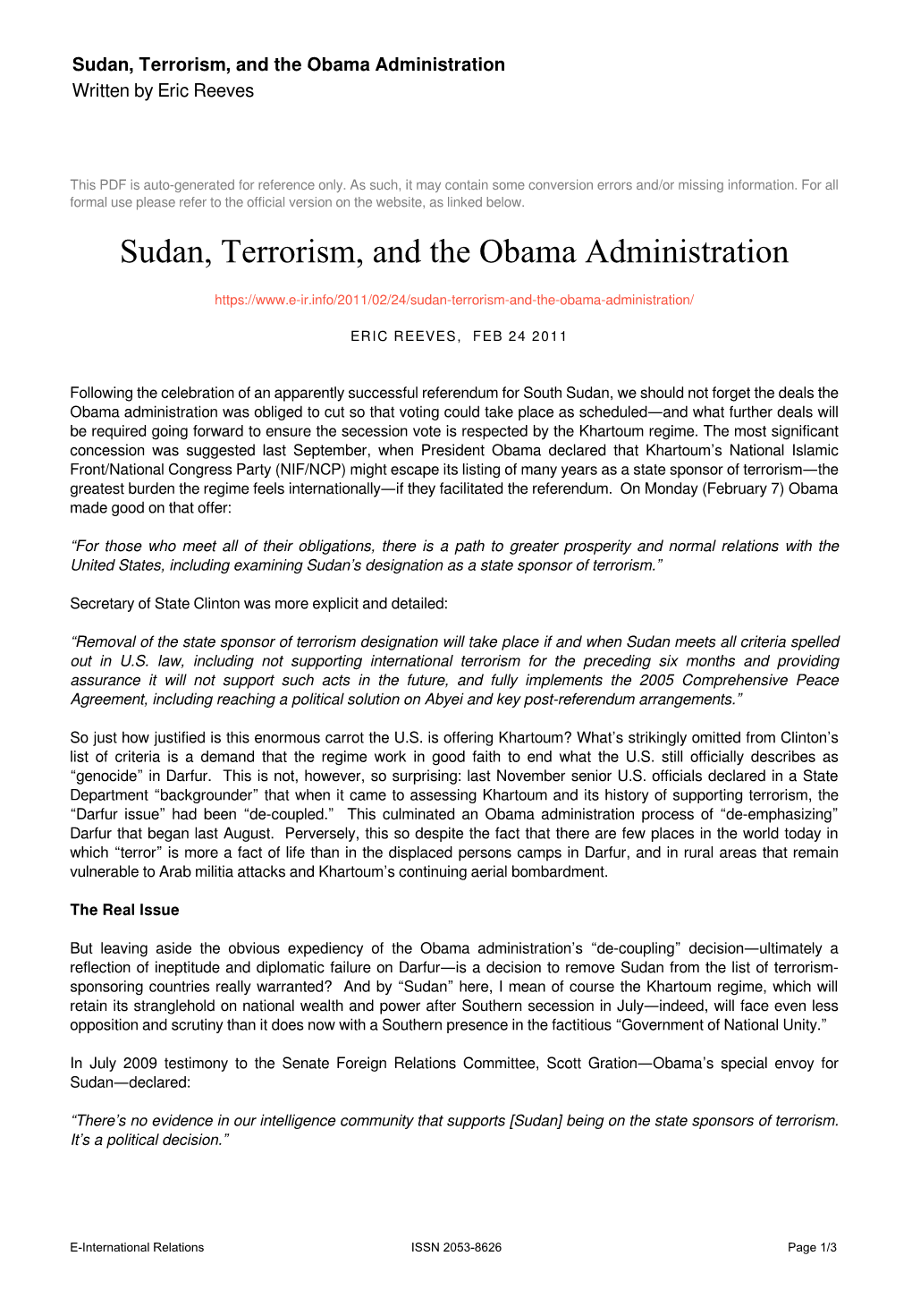 Sudan, Terrorism, and the Obama Administration Written by Eric Reeves