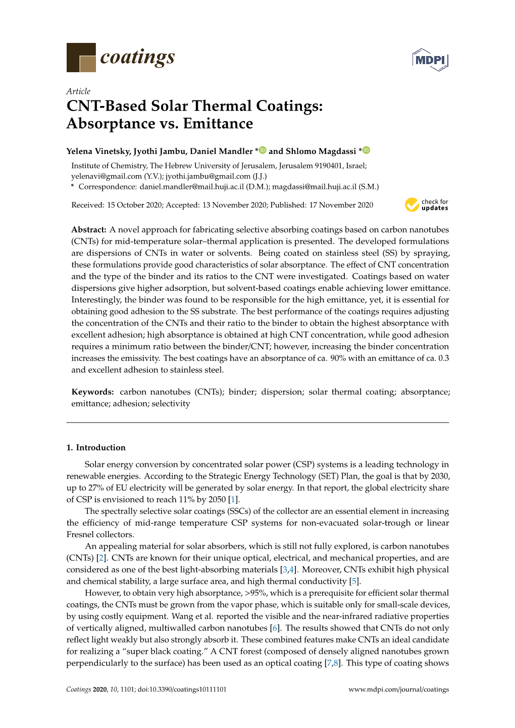 CNT-Based Solar Thermal Coatings: Absorptance Vs. Emittance