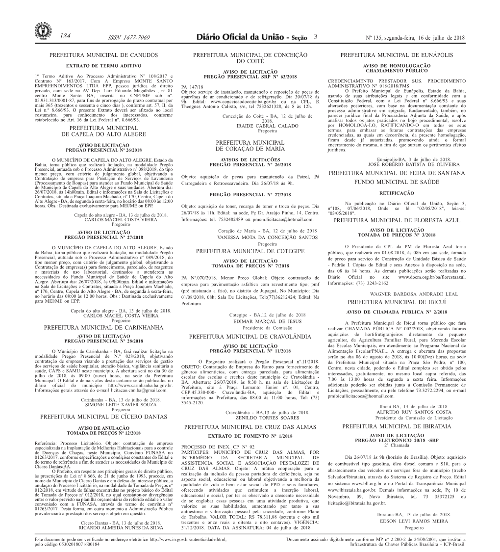 ISSN 1677-7069 3 Nº 135, Segunda-Feira, 16 De Julho De 2018