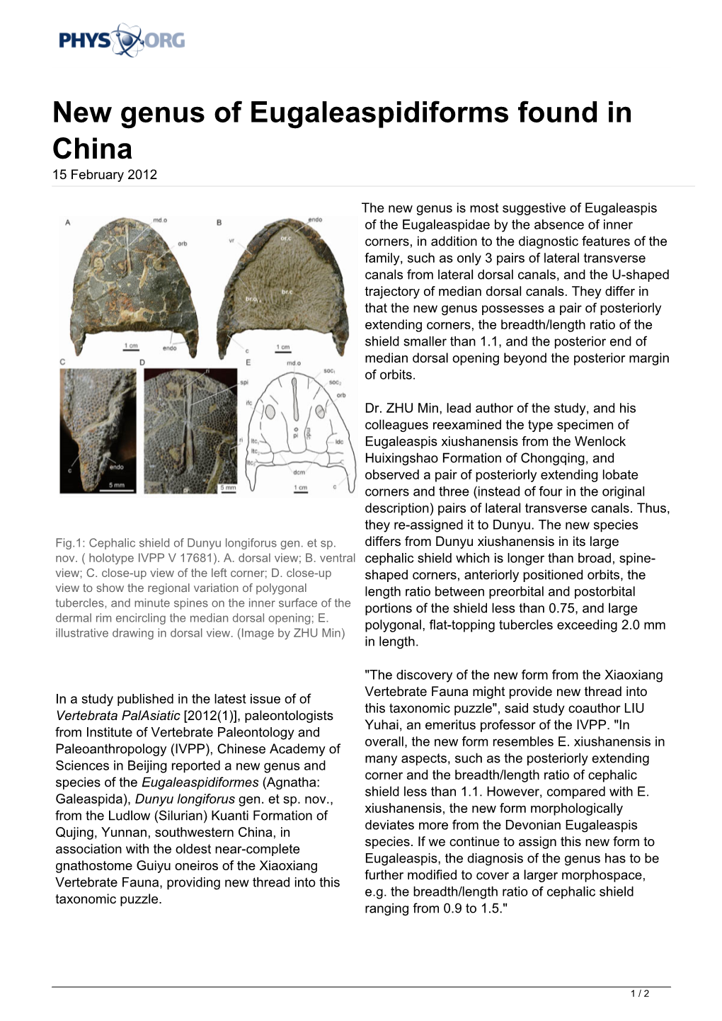 New Genus of Eugaleaspidiforms Found in China 15 February 2012