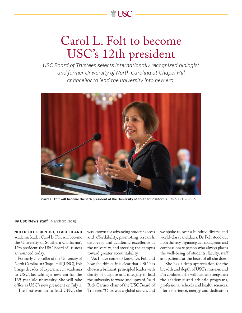 Carol L. Folt to Become USC's 12Th President