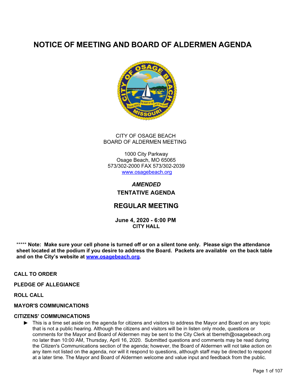 Notice of Meeting and Board of Aldermen Agenda