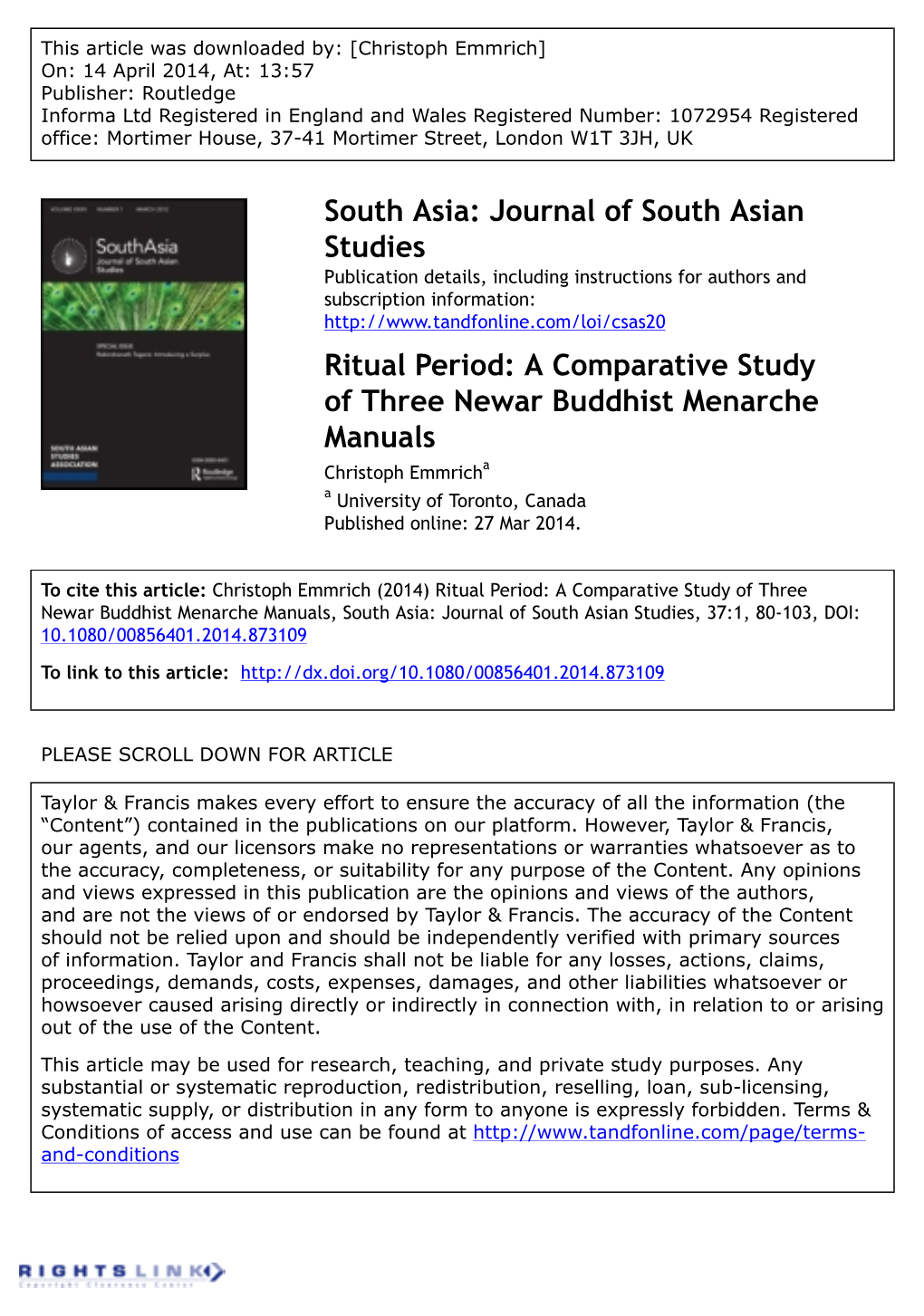 Ritual Period: a Comparative Study of Three Newar Buddhist Menarche Manuals Christoph Emmricha a University of Toronto, Canada Published Online: 27 Mar 2014