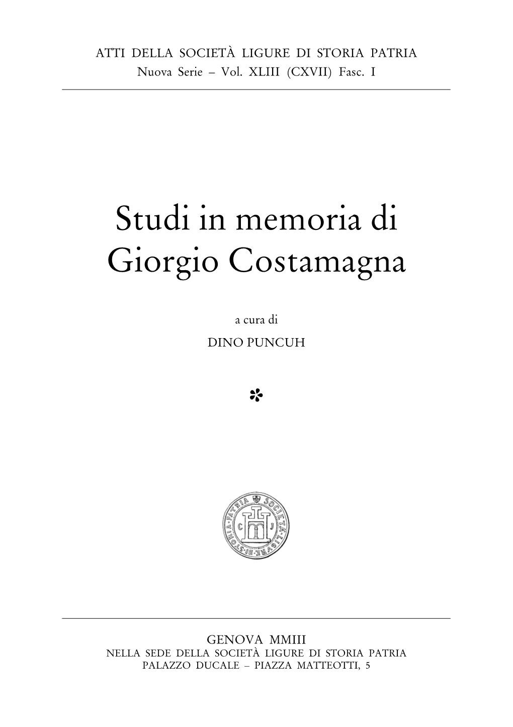 Studi in Memoria Di Giorgio Costamagna *