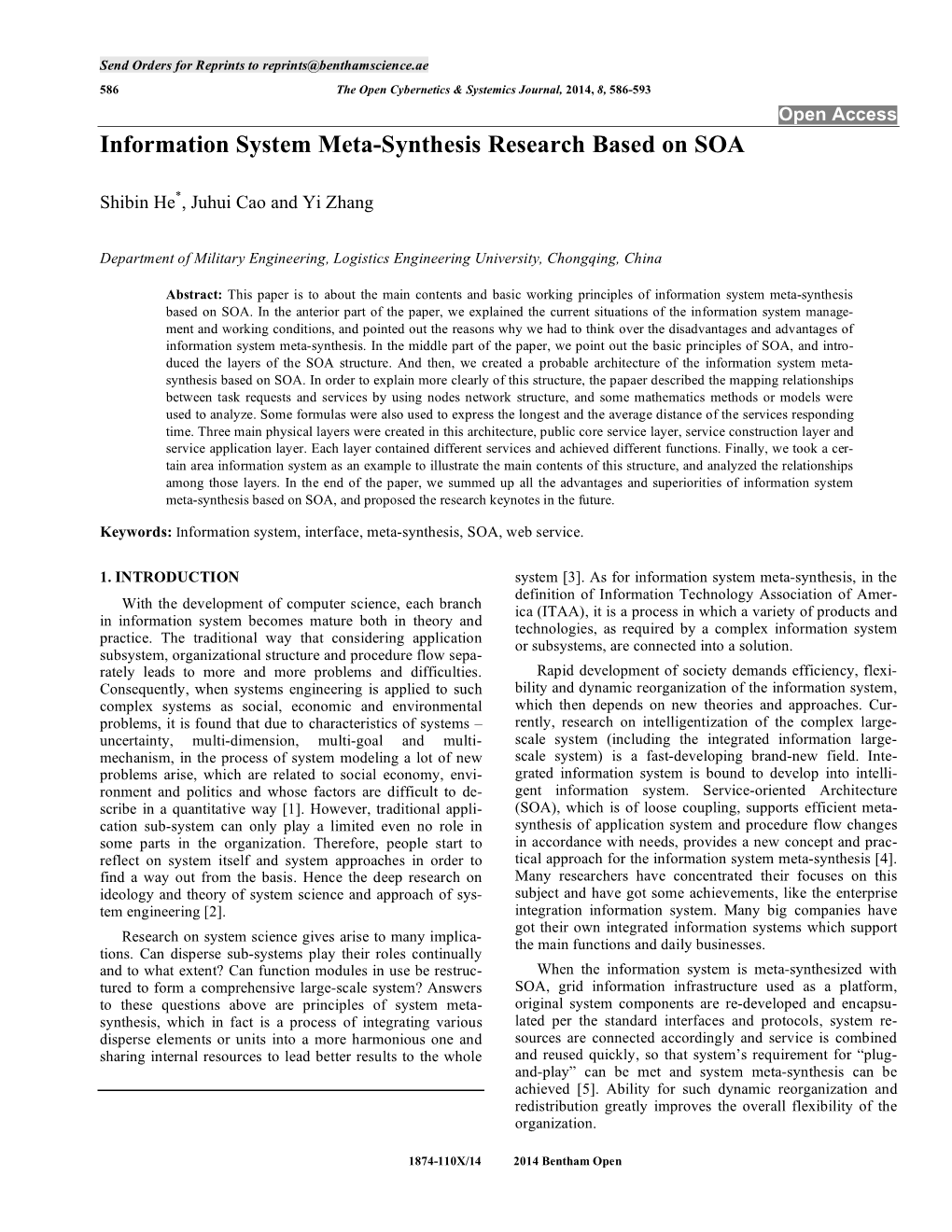 Information System Meta-Synthesis Research Based on SOA