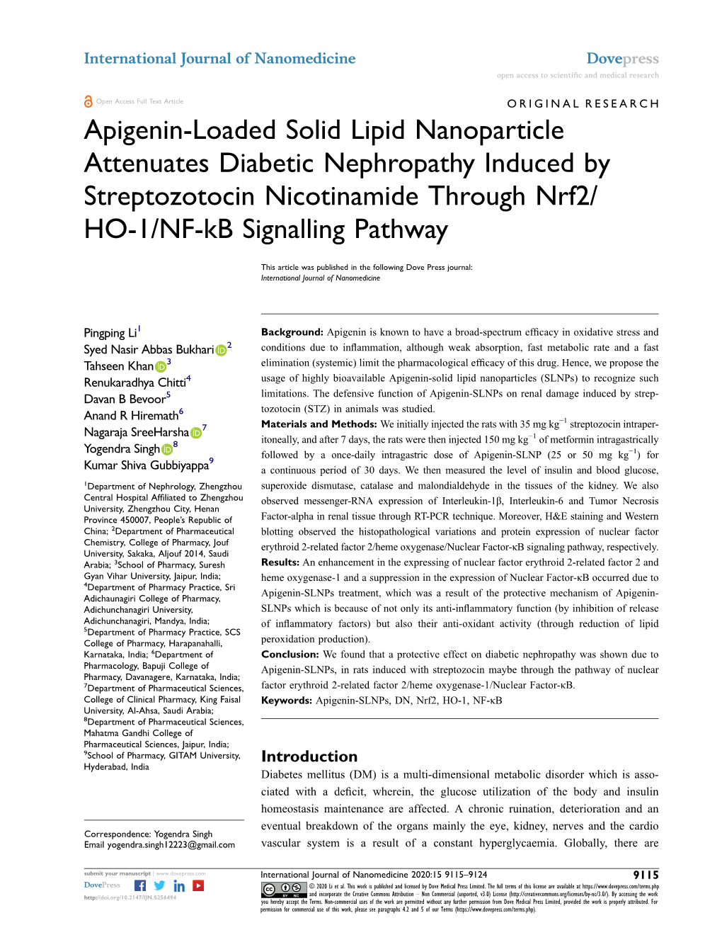 Apigenin-Loaded Solid Lipid Nanoparticle Attenuates Diabetic Nephropathy Induced by Streptozotocin Nicotinamide Through Nrf2/ HO-1/NF-Kb Signalling Pathway