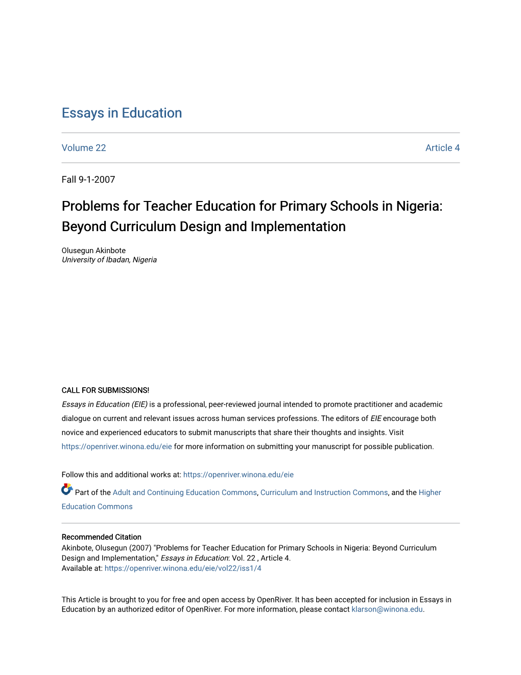 Problems for Teacher Education for Primary Schools in Nigeria: Beyond Curriculum Design and Implementation