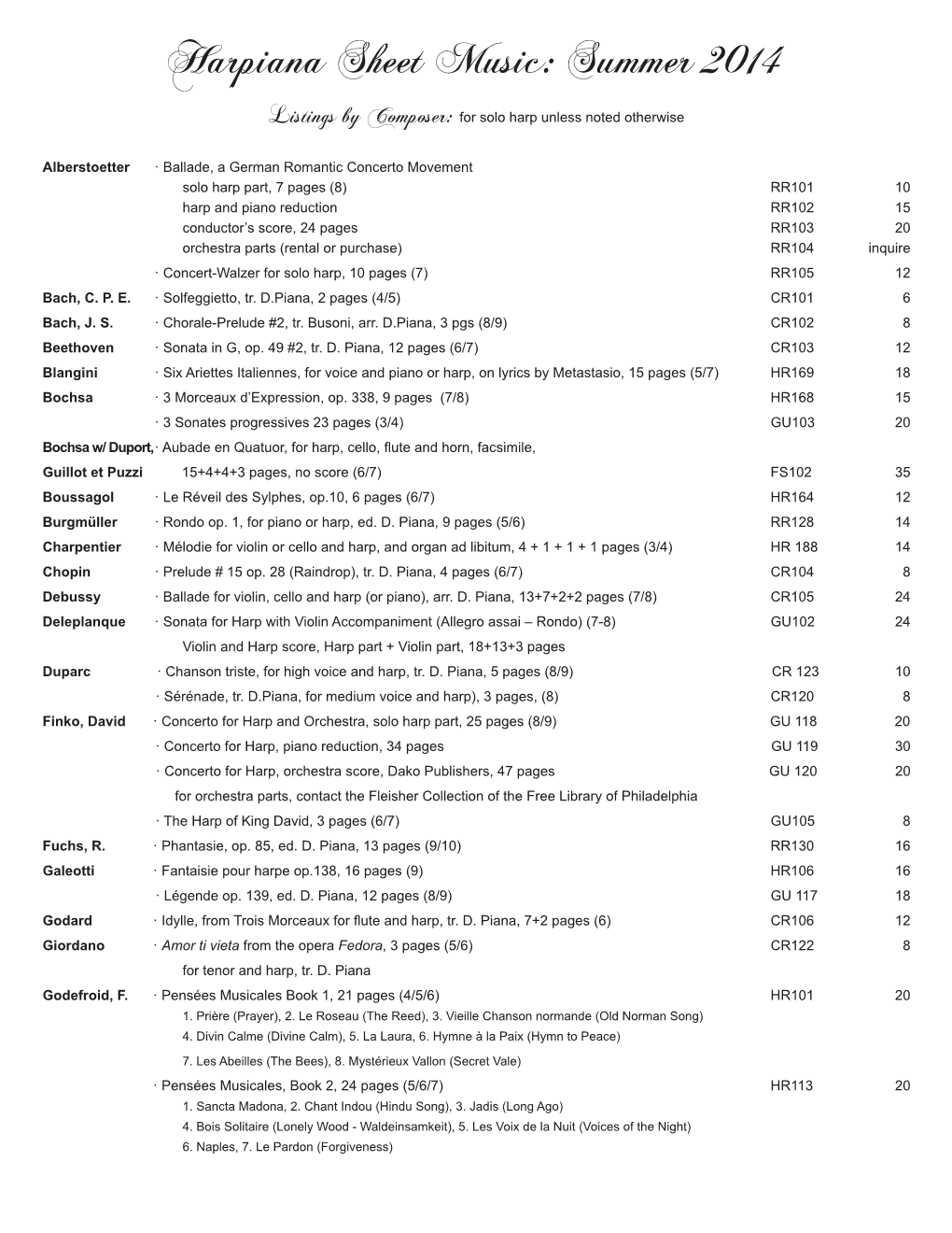 Harpiana Sheet Music: Summer 2014