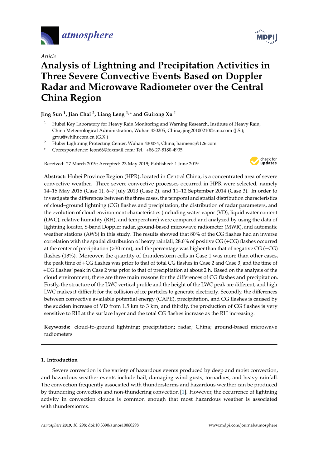 Analysis of Lightning and Precipitation Activities in Three Severe Convective Events Based on Doppler Radar and Microwave Radiometer Over the Central China Region