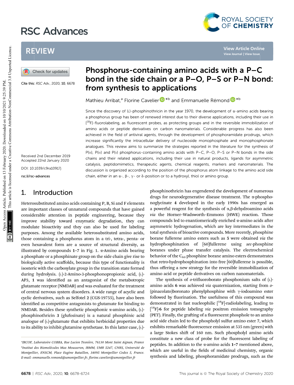 Phosphorus-Containing Amino Acids with a P–C Bond in the Side Chain Or a P–O, P–Sorp–N Bond: Cite This: RSC Adv., 2020, 10, 6678 from Synthesis to Applications