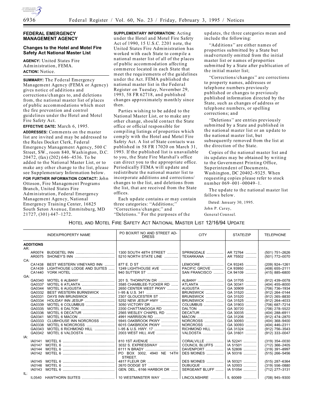 Federal Register / Vol. 60, No. 23 / Friday, February 3, 1995 / Notices