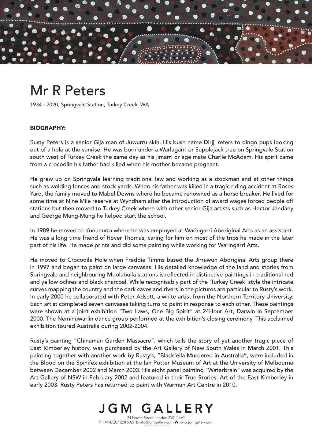 Mr R Peters 1934 - 2020, Springvale Station, Turkey Creek, WA