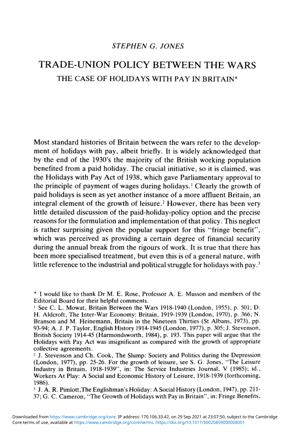 Trade-Union Policy Between the Wars the Case of Holidays with Pay in Britain*