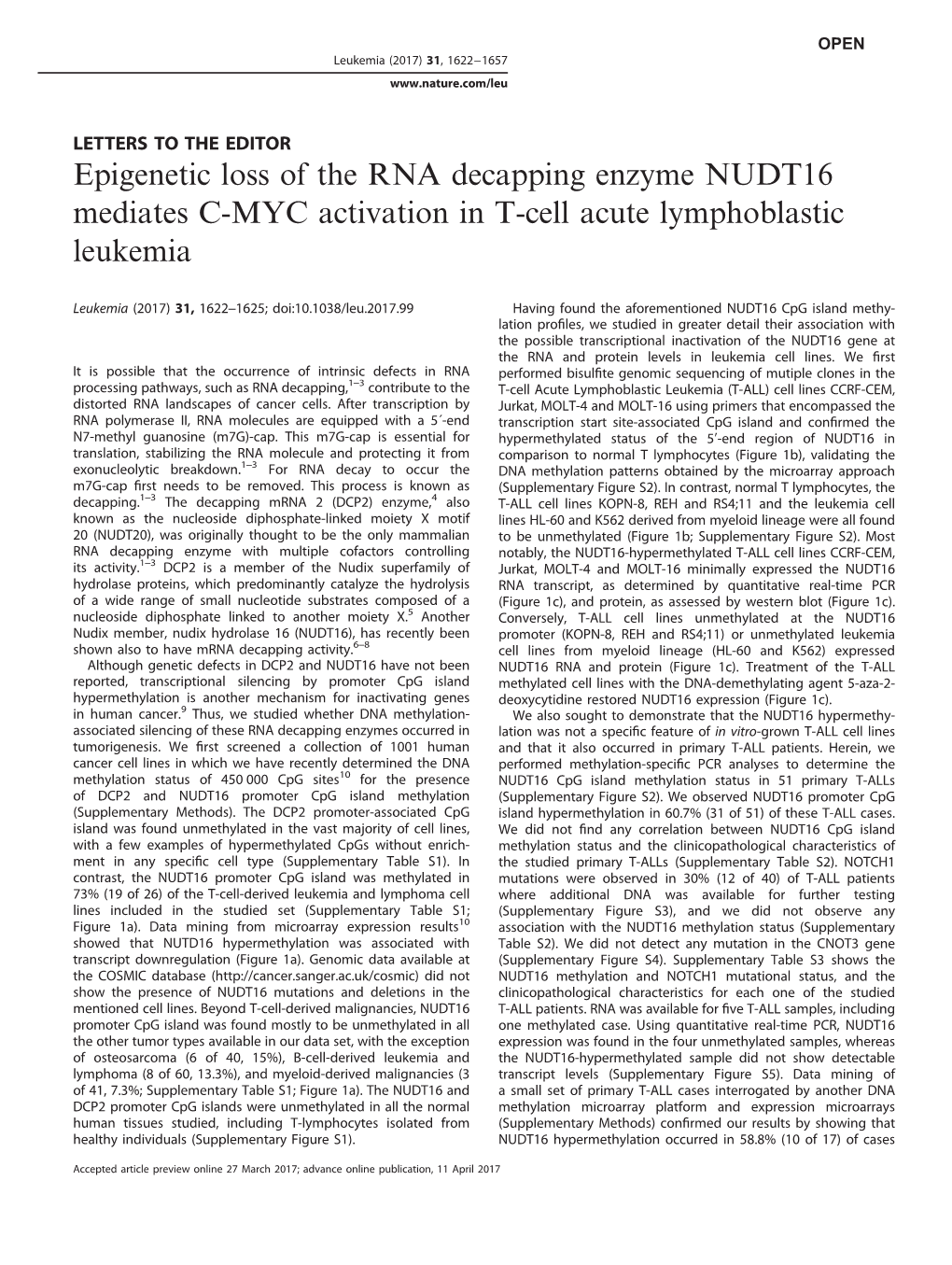 Epigenetic Loss of the RNA Decapping Enzyme NUDT16 Mediates C-MYC Activation in T-Cell Acute Lymphoblastic Leukemia