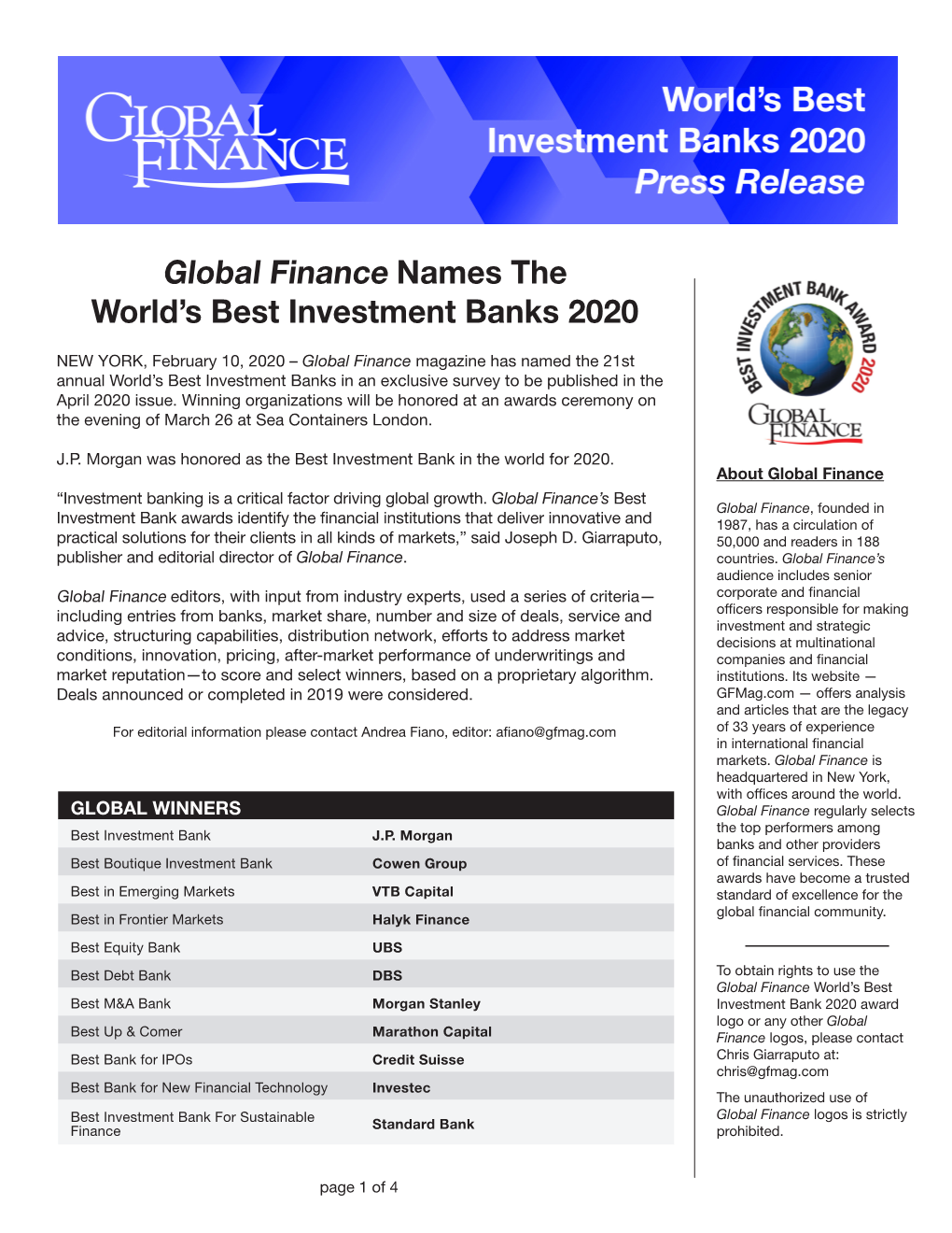 Global Finance Names the World's Best Investment Banks 2020