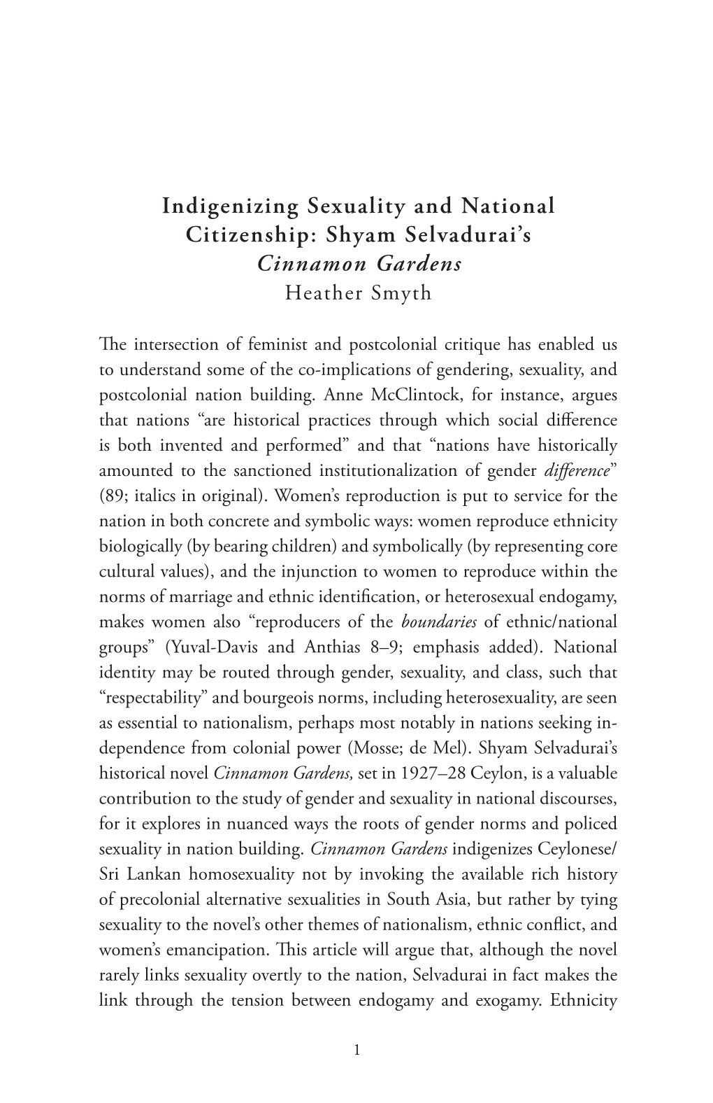Indigenizing Sexuality and National Citizenship: Shyam Selvadurai's