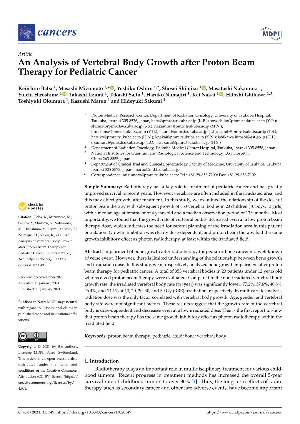 An Analysis of Vertebral Body Growth After Proton Beam Therapy for Pediatric Cancer