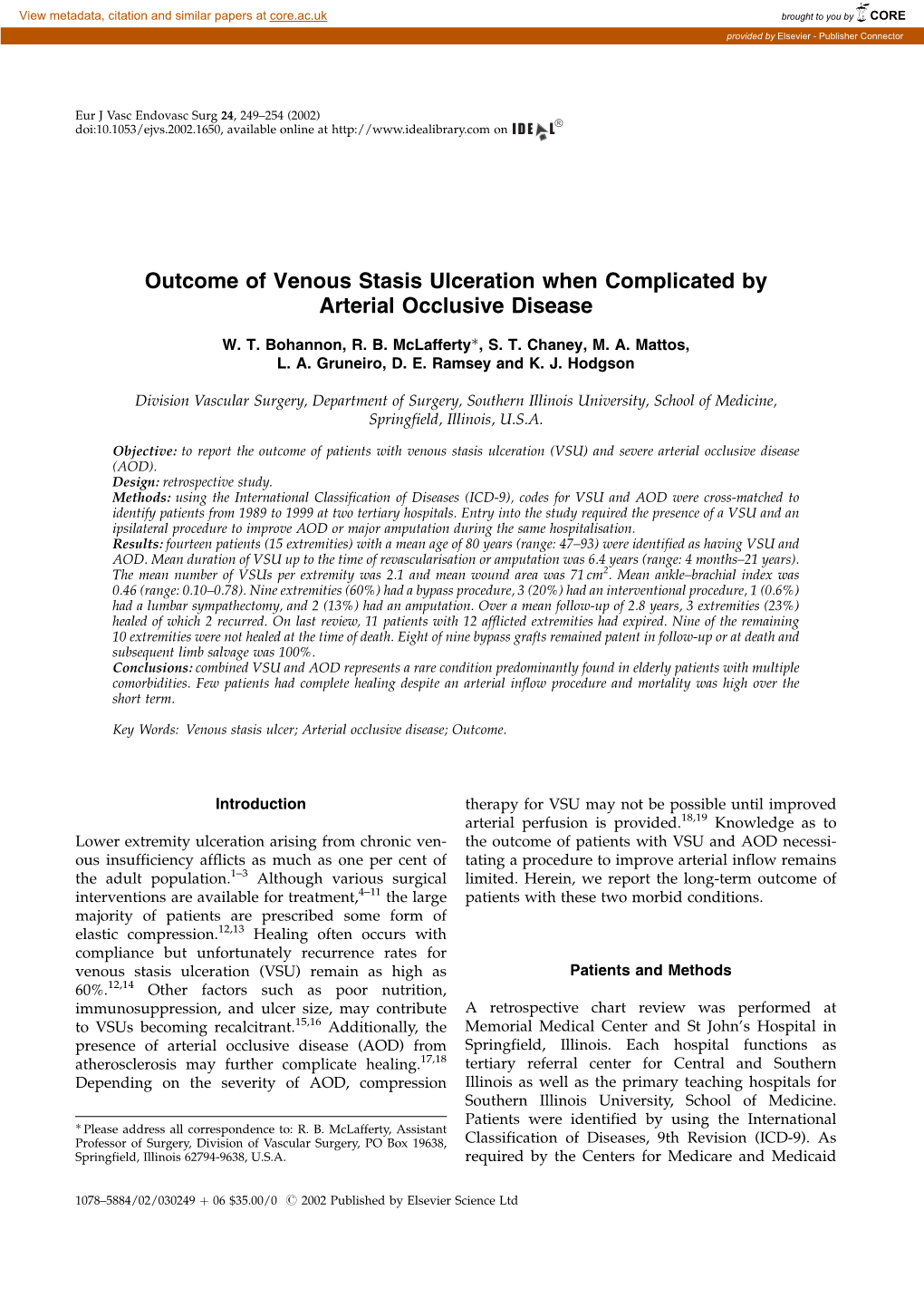 Outcome of Venous Stasis Ulceration When Complicated by Arterial Occlusive Disease