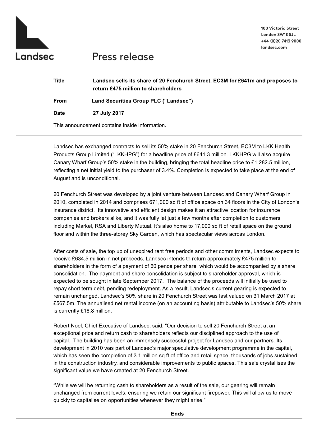 Title Landsec Sells Its Share of 20 Fenchurch Street, EC3M for £641M and Proposes to Return £475 Million to Shareholders
