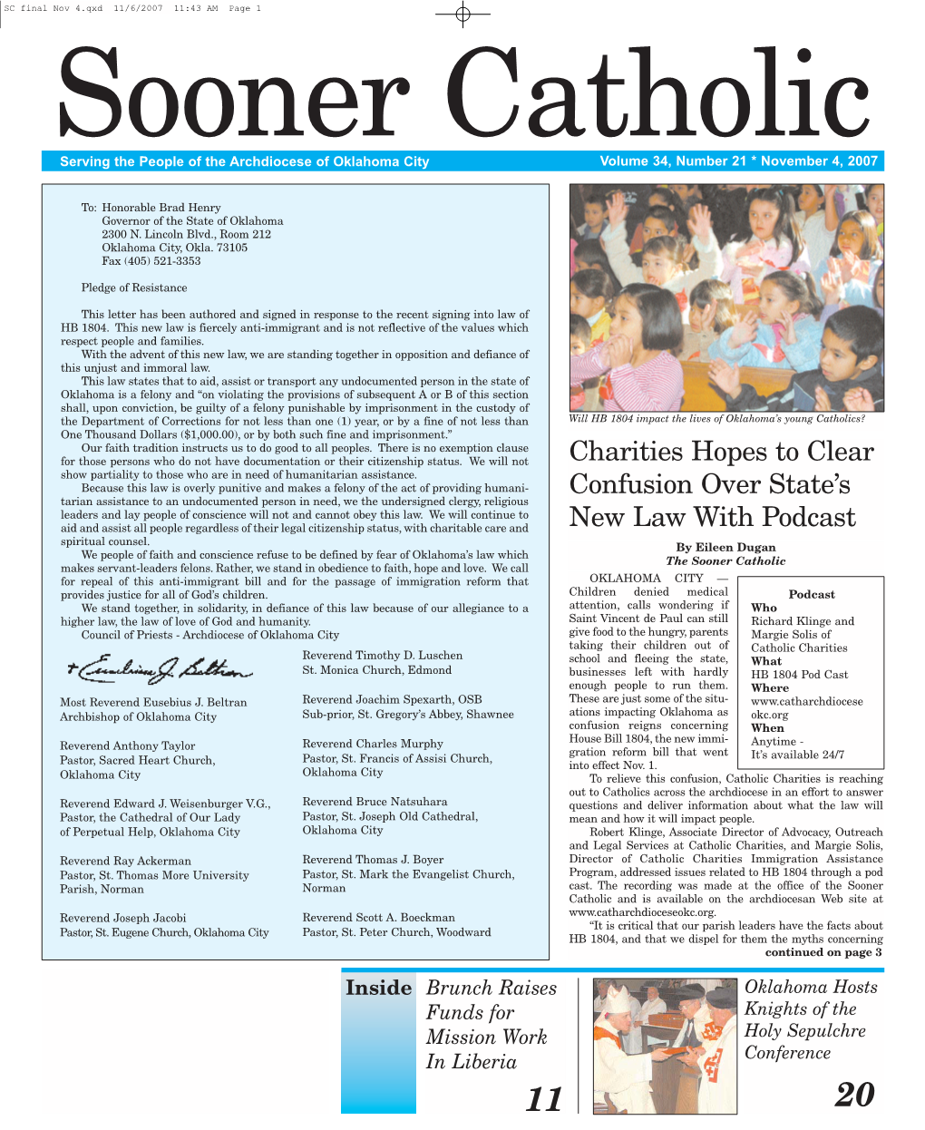 SC Final Nov 4.Qxd 11/6/2007 11:43 AM Page 1 Sooner Catholic Serving the People of the Archdiocese of Oklahoma City Volume 34, Number 21 * November 4, 2007