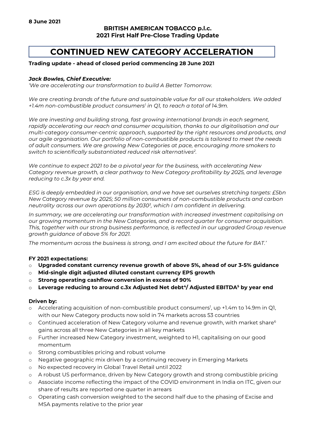 CONTINUED NEW CATEGORY ACCELERATION Trading Update - Ahead of Closed Period Commencing 28 June 2021