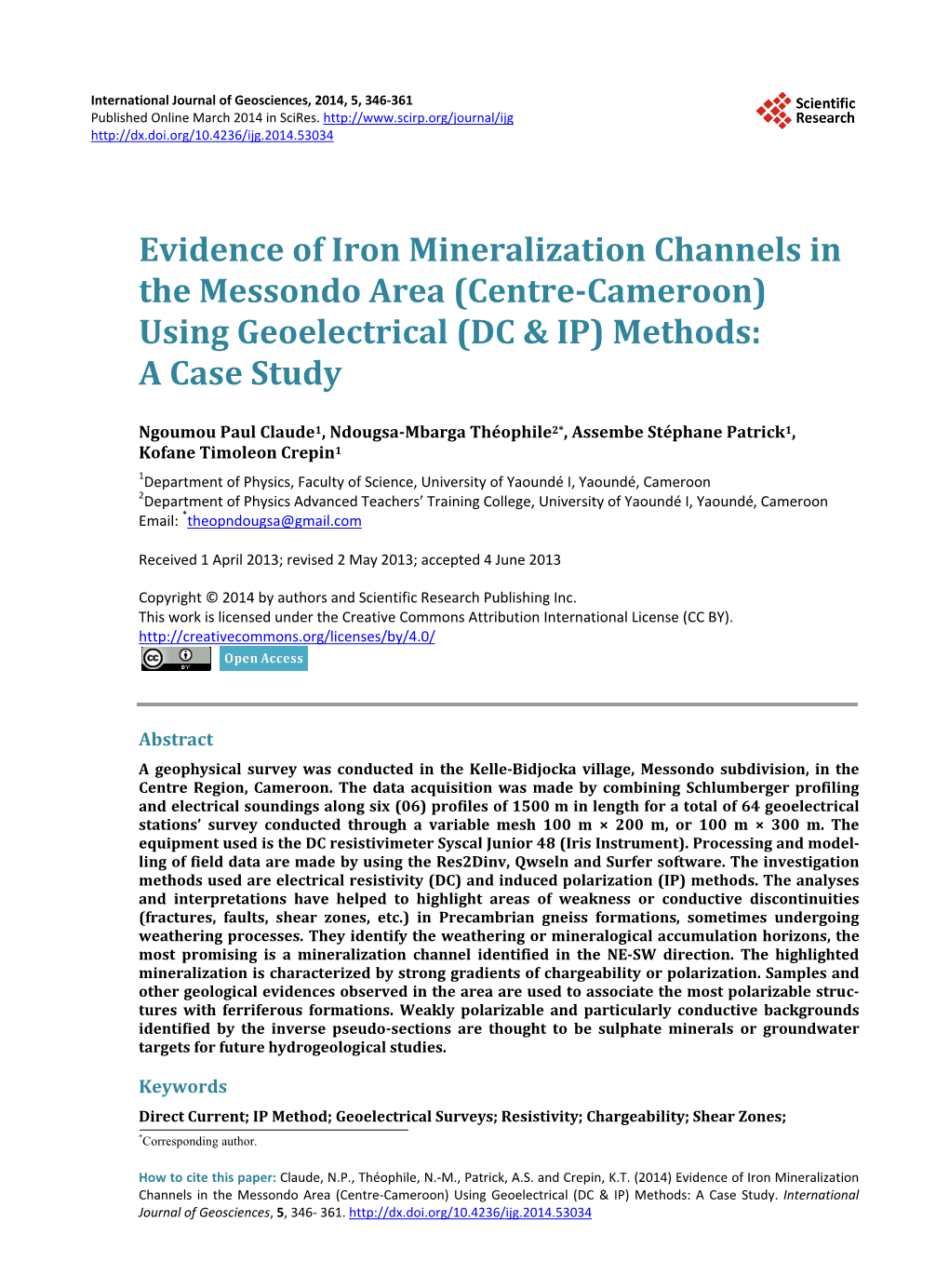 Evidence of Iron Mineralization Channels in the Messondo Area (Centre-Cameroon) Using Geoelectrical (DC & IP) Methods: a Case Study