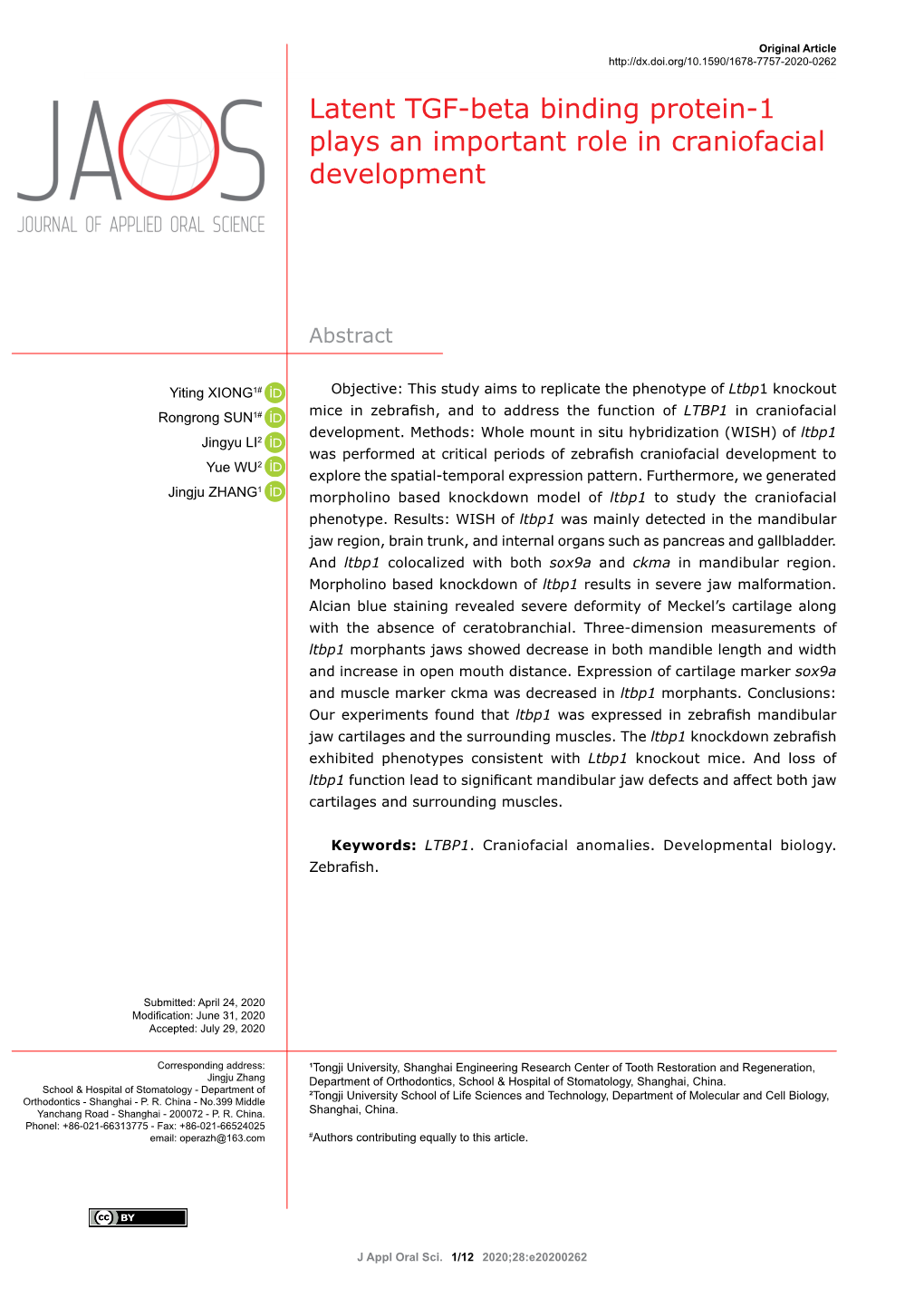 Latent TGF-Beta Binding Protein-1 Plays an Important Role in Craniofacial Development