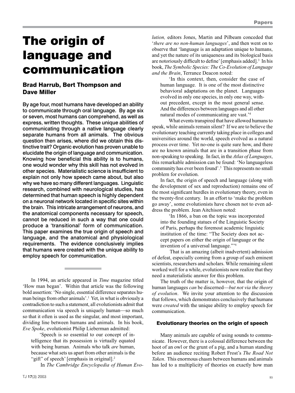 The Origin of Language and Communication