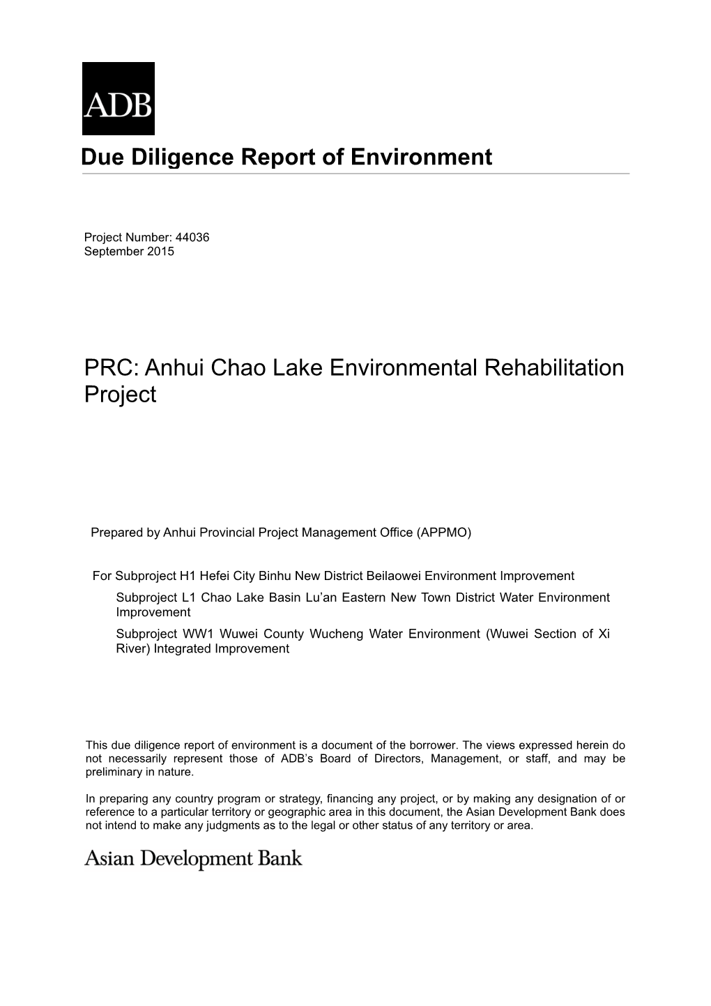 PRC: Anhui Chao Lake Environmental Rehabilitation Project