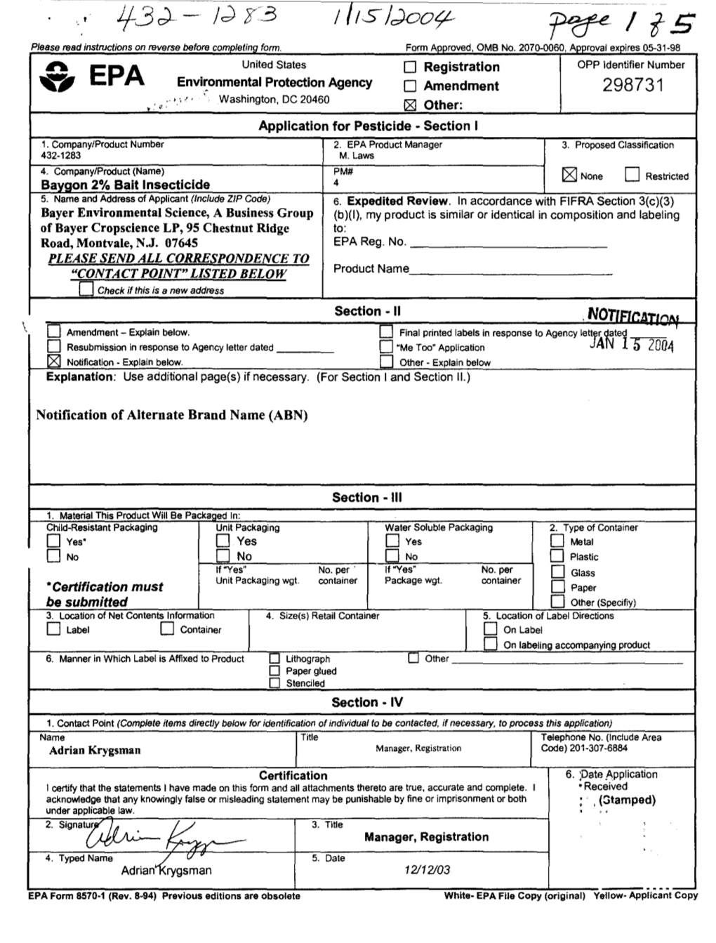 U.S. EPA, Pesticide Product Label, BAYGON 2% BAIT, 01/15/2004