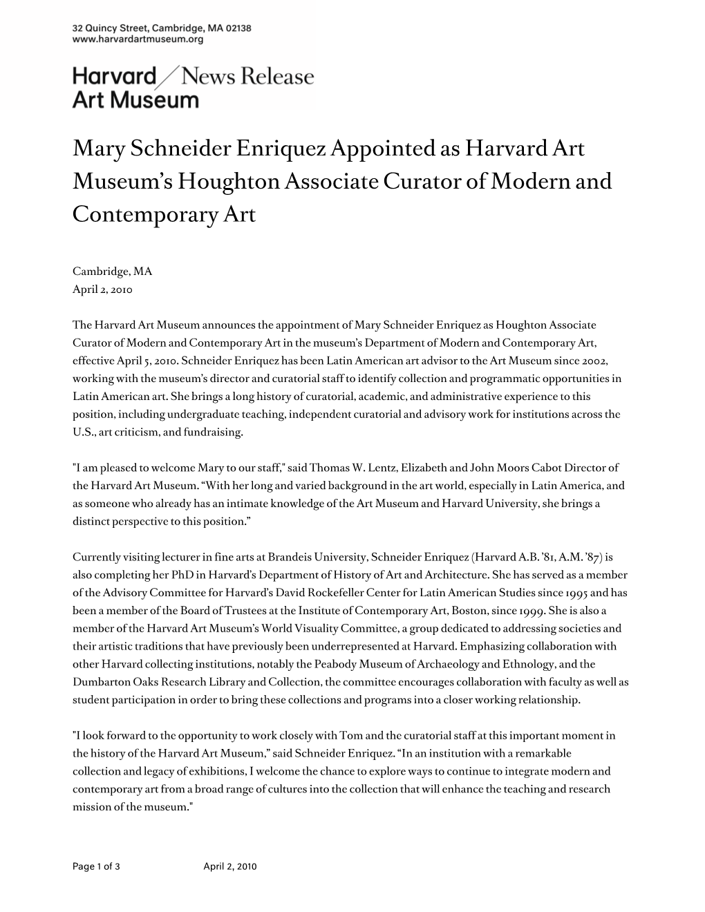 Mary Schneider Enriquez Appointed As Harvard Art Museum's Houghton Associate Curator of Modern and Contemporary