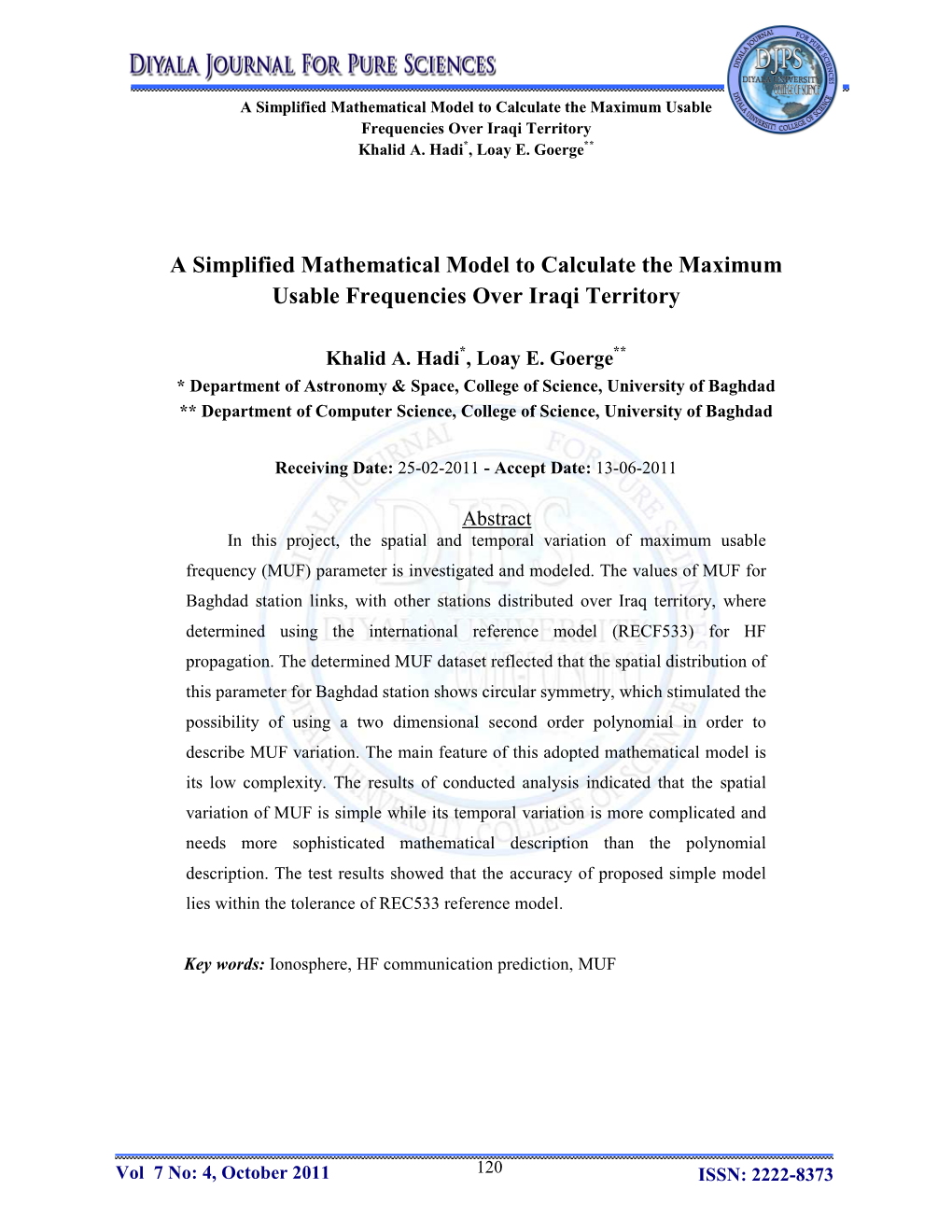 A Simplified Mathematical Model to Calculate the Maximum Usable Frequencies Over Iraqi Territory Khalid A