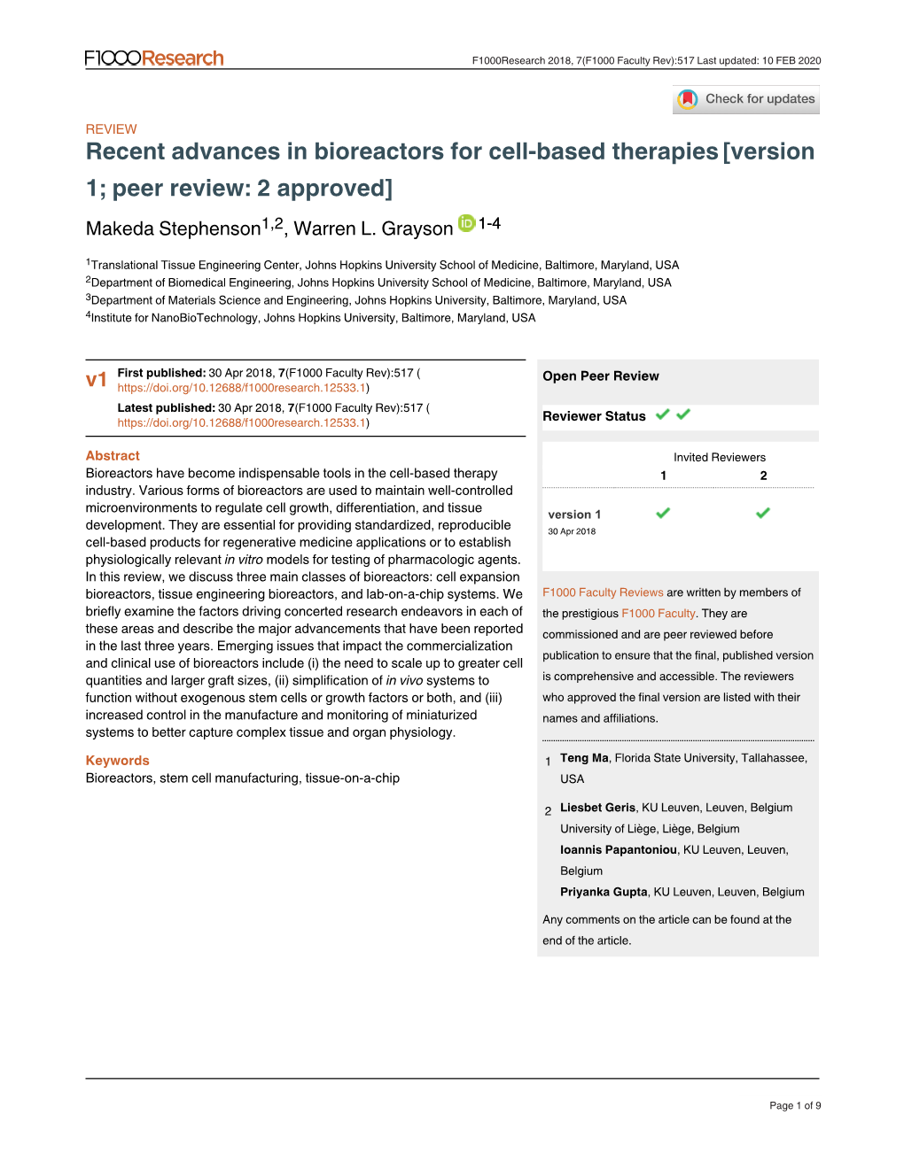 Recent Advances in Bioreactors for Cell-Based Therapies[Version 1; Peer