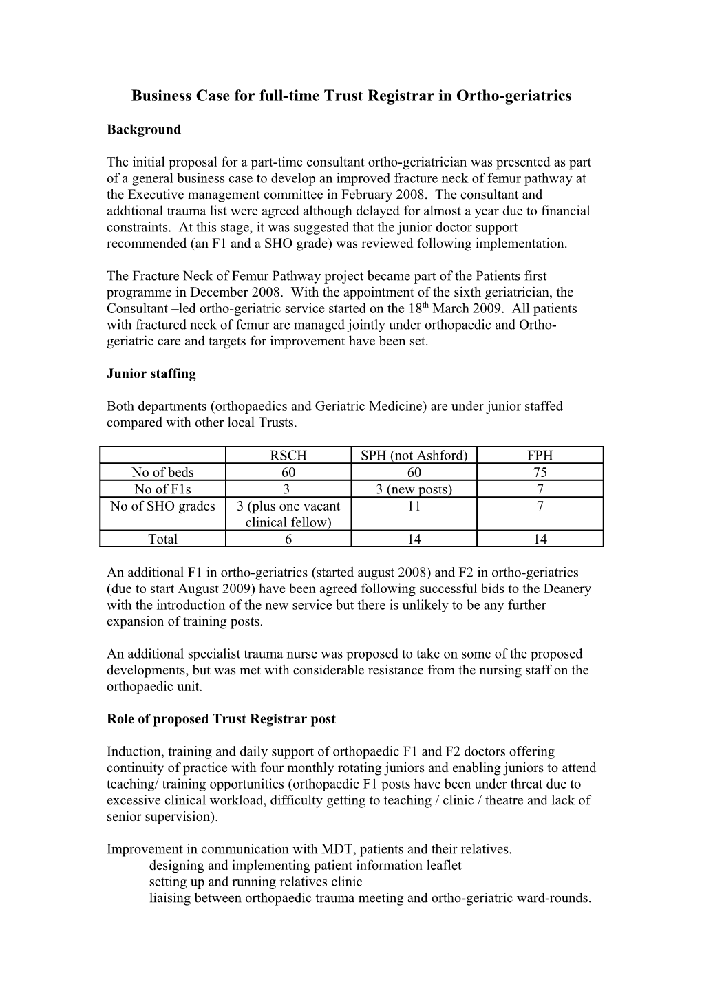 Business Case for Full-Time Clinical Fellow in Ortho-Geriatrics