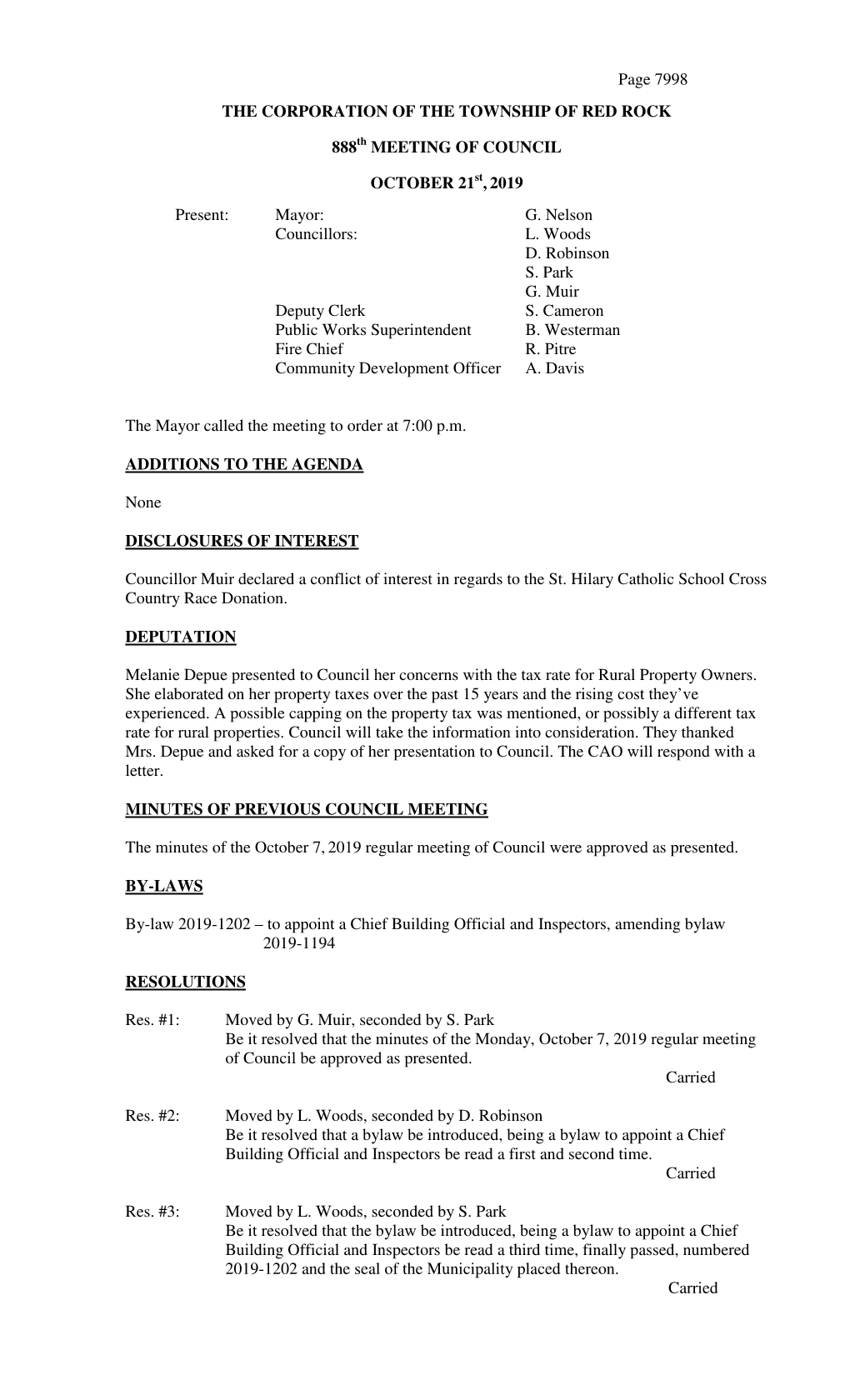 Page 7998 the CORPORATION of the TOWNSHIP of RED ROCK 888Th MEETING of COUNCIL OCTOBER 21St, 2019 Present: Mayor: G. Nelson Co