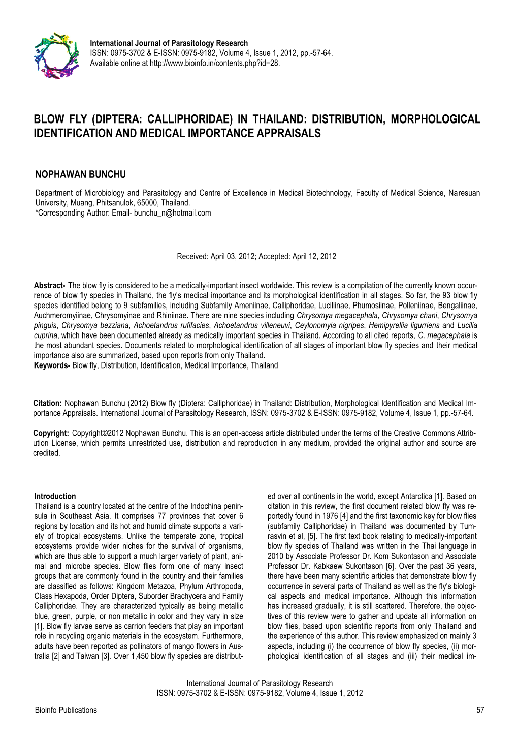 Blow Fly (Diptera: Calliphoridae) in Thailand: Distribution, Morphological Identification and Medical Importance Appraisals