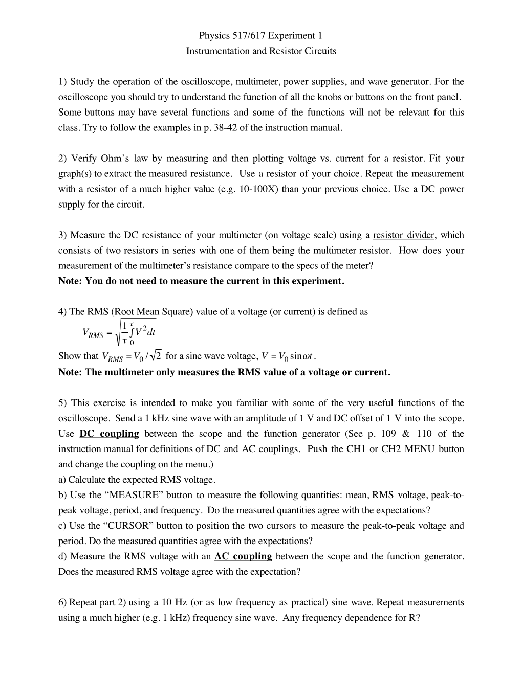 Physics 517/617 Experiment 1 Instrumentation and Resistor Circuits