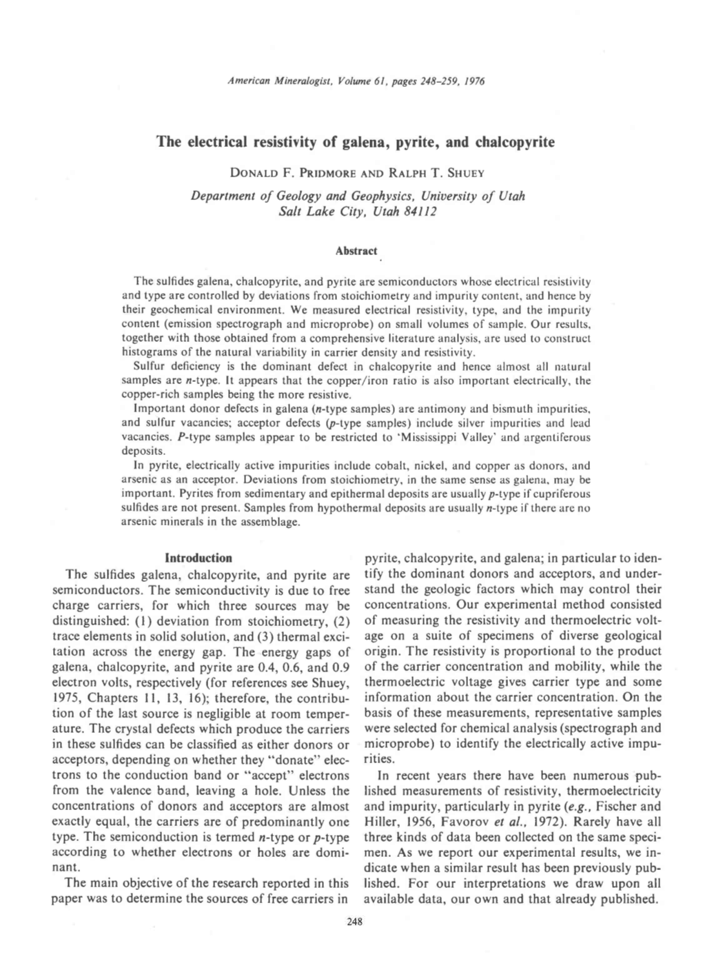 The Electrical Resistivity of Galena, Pyrite, and Chalcopyrite