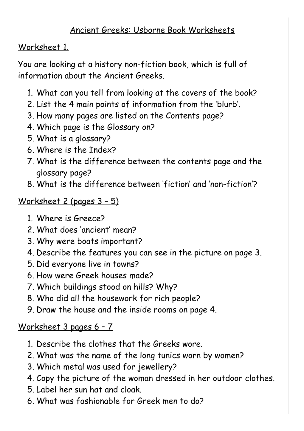 Ancient Greeks: Usborne Book Worksheets