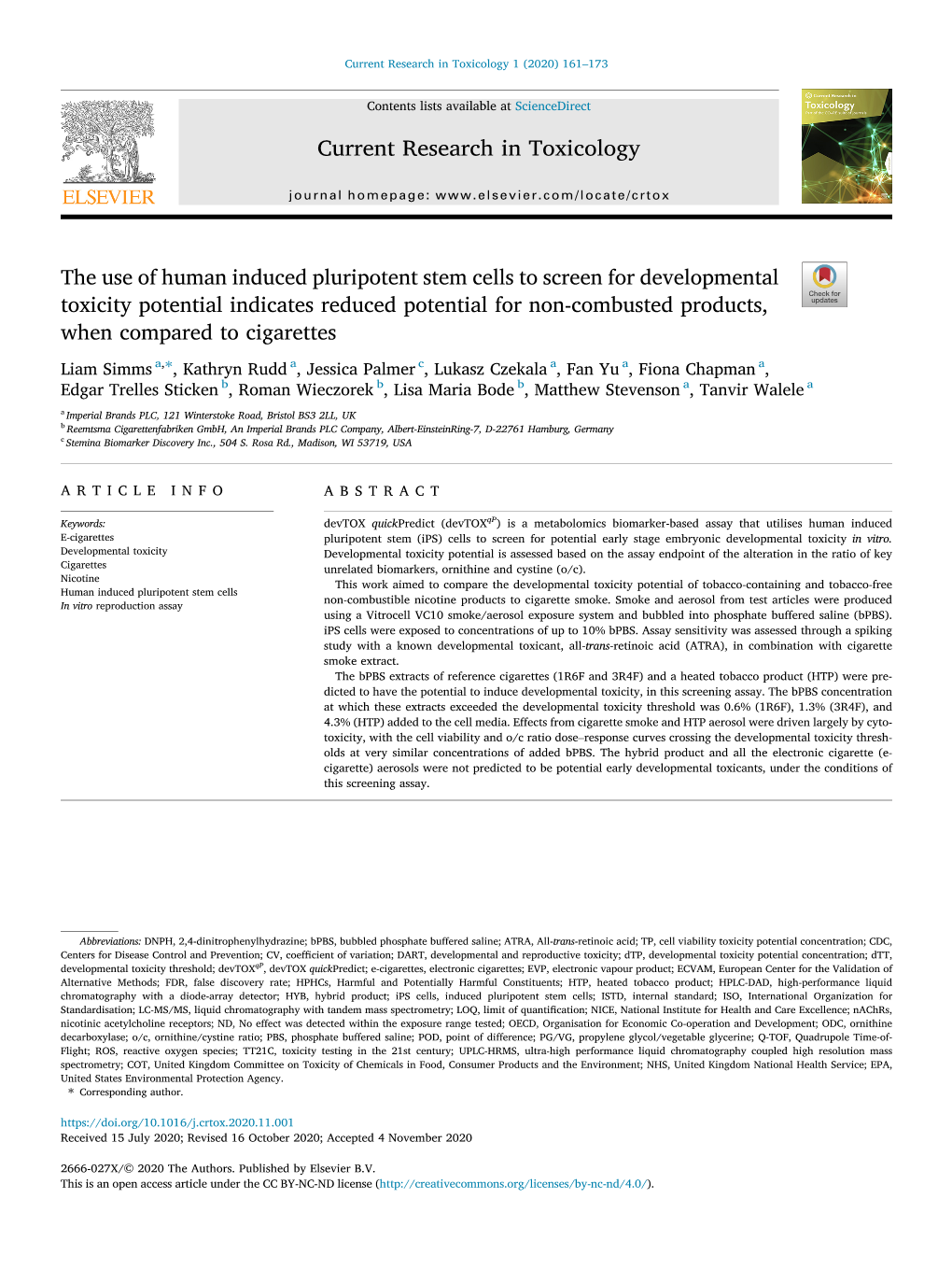 Current Research in Toxicology 1 (2020) 161–173