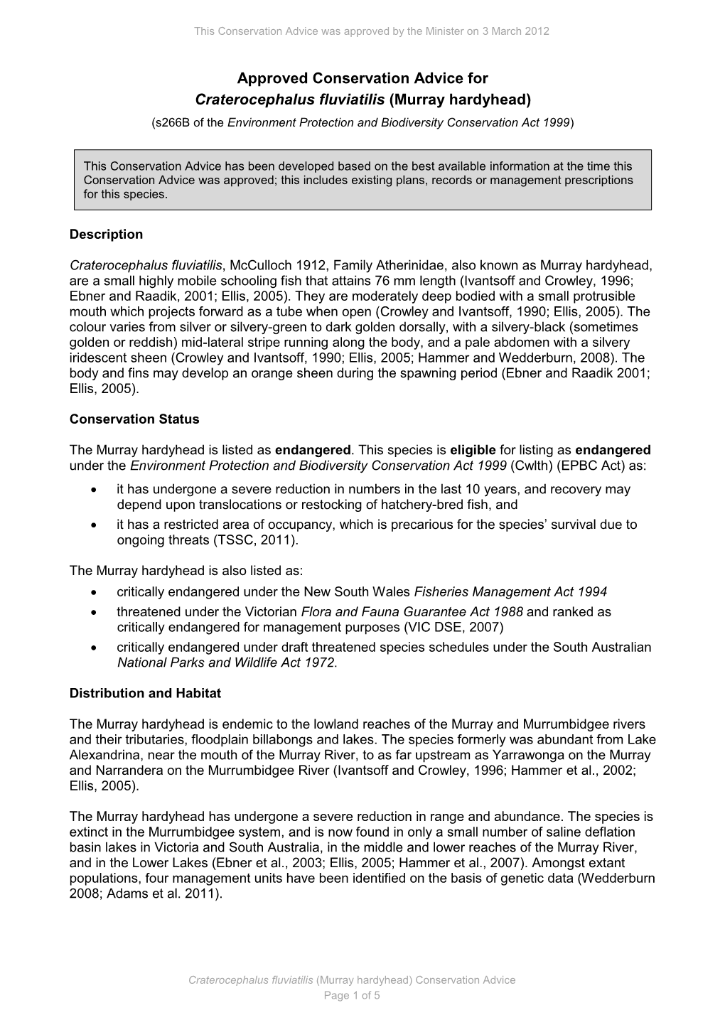 Approved Conservation Advice for Craterocephalus Fluviatilis (Murray Hardyhead) (S266b of the Environment Protection and Biodiversity Conservation Act 1999)