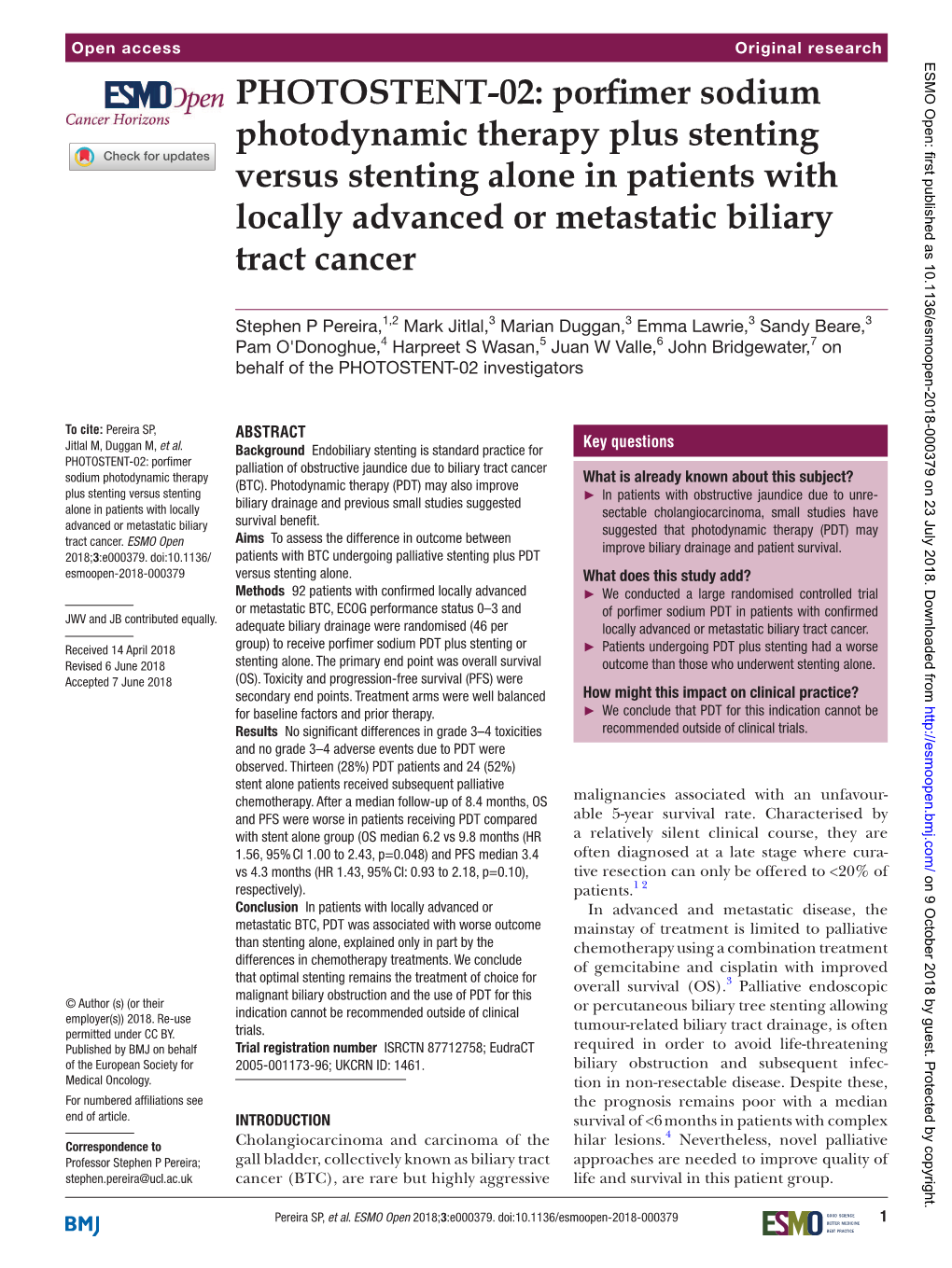 PHOTOSTENT-02: Porfimer Sodium Photodynamic Therapy Plus Stenting Versus Stenting Alone in Patients with Locally Advanced Or Metastatic Biliary Tract Cancer