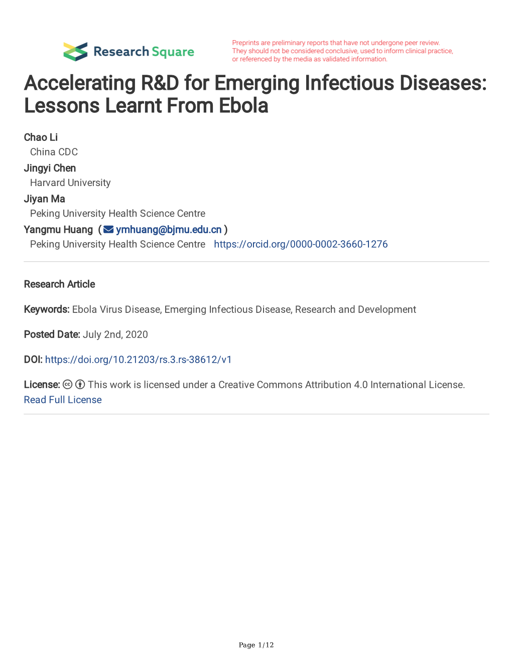 Accelerating R&D for Emerging Infectious Diseases: Lessons