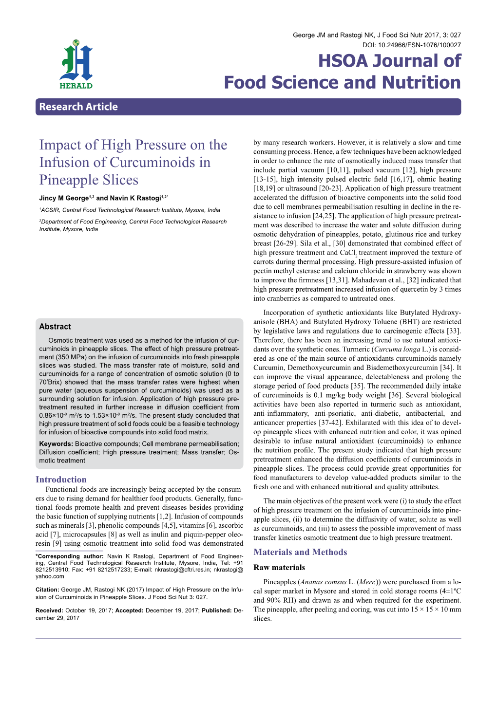 Impact of High Pressure on the Infusion of Curcuminoids in Pineapple Slices