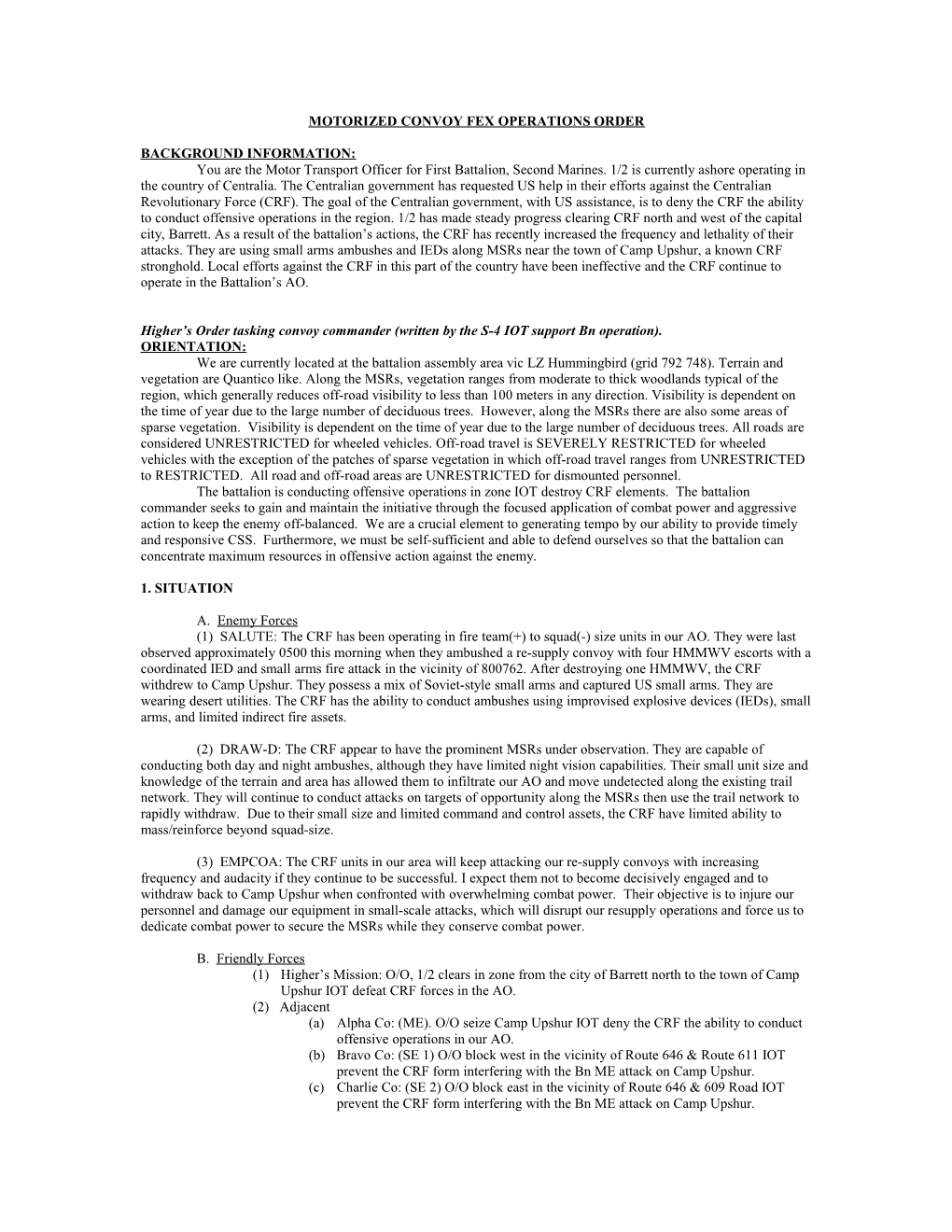 Motorized Convoy Fex Operations Order