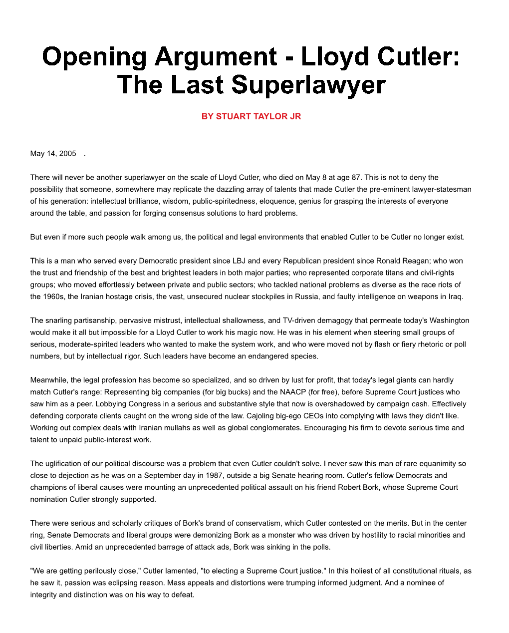 Opening Argument - Lloyd Cutler: the Last Superlawyer - Nationaljourn