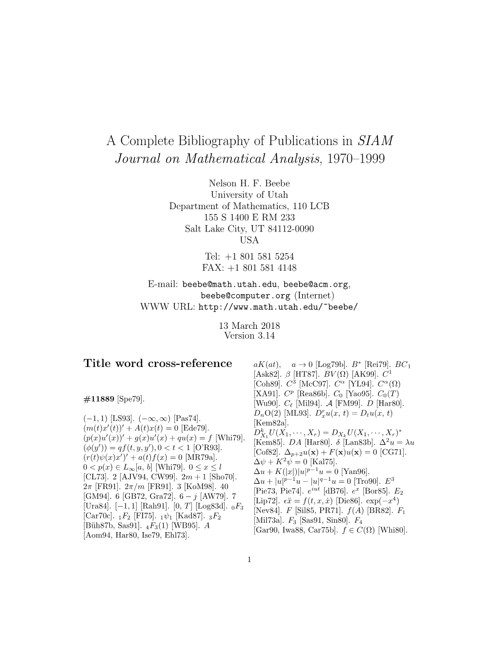 A Complete Bibliography of Publications in SIAM Journal on Mathematical Analysis, 1970–1999