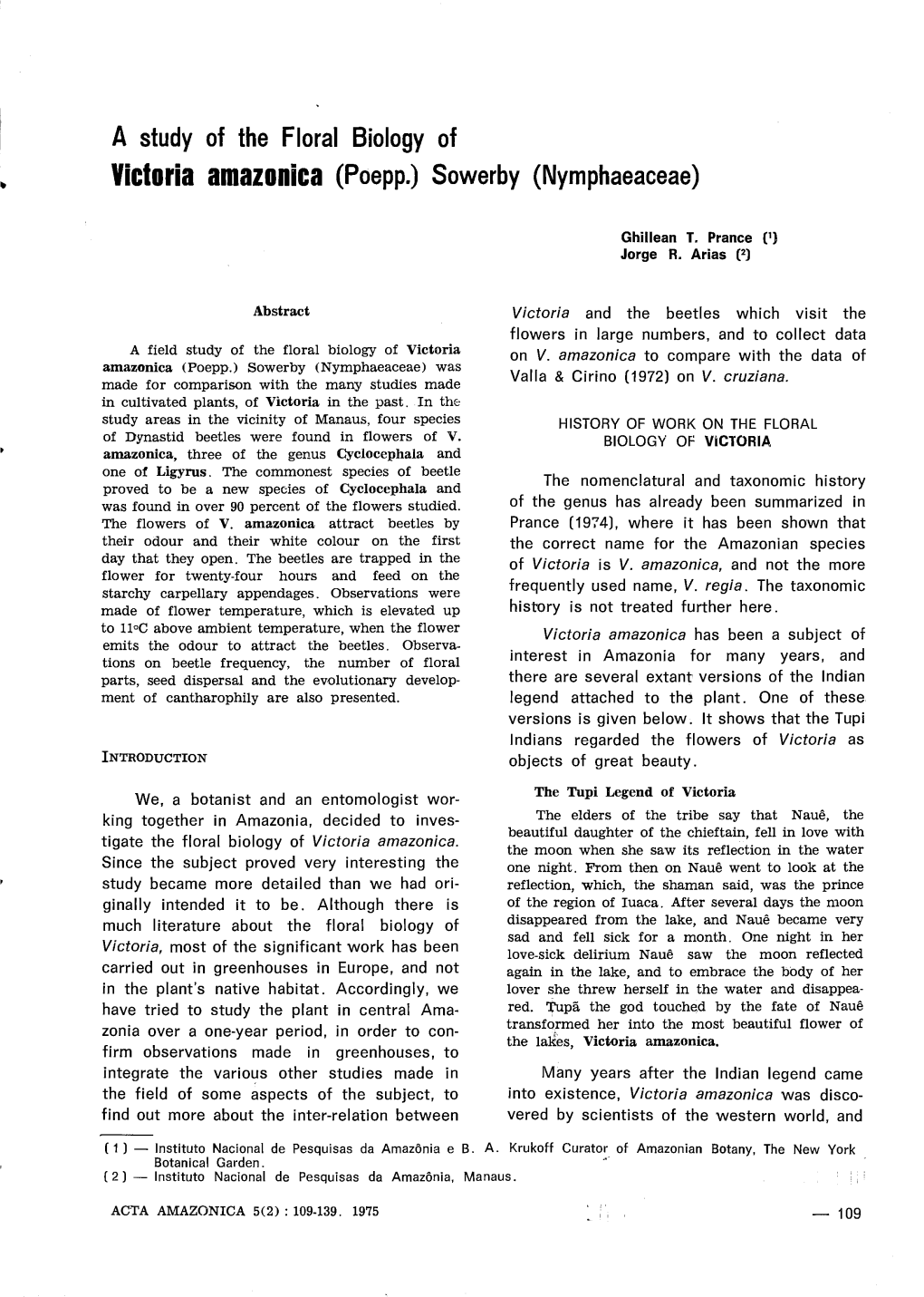 A Study of the Floral Biology of Viciaria Amazonica (Poepp.) Sowerby (Nymphaeaceae)