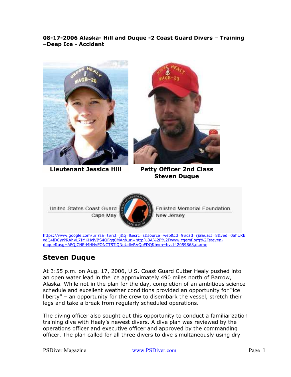 Two Seattle-Based Coast Guardsmen Die During Dive August 18, 2006
