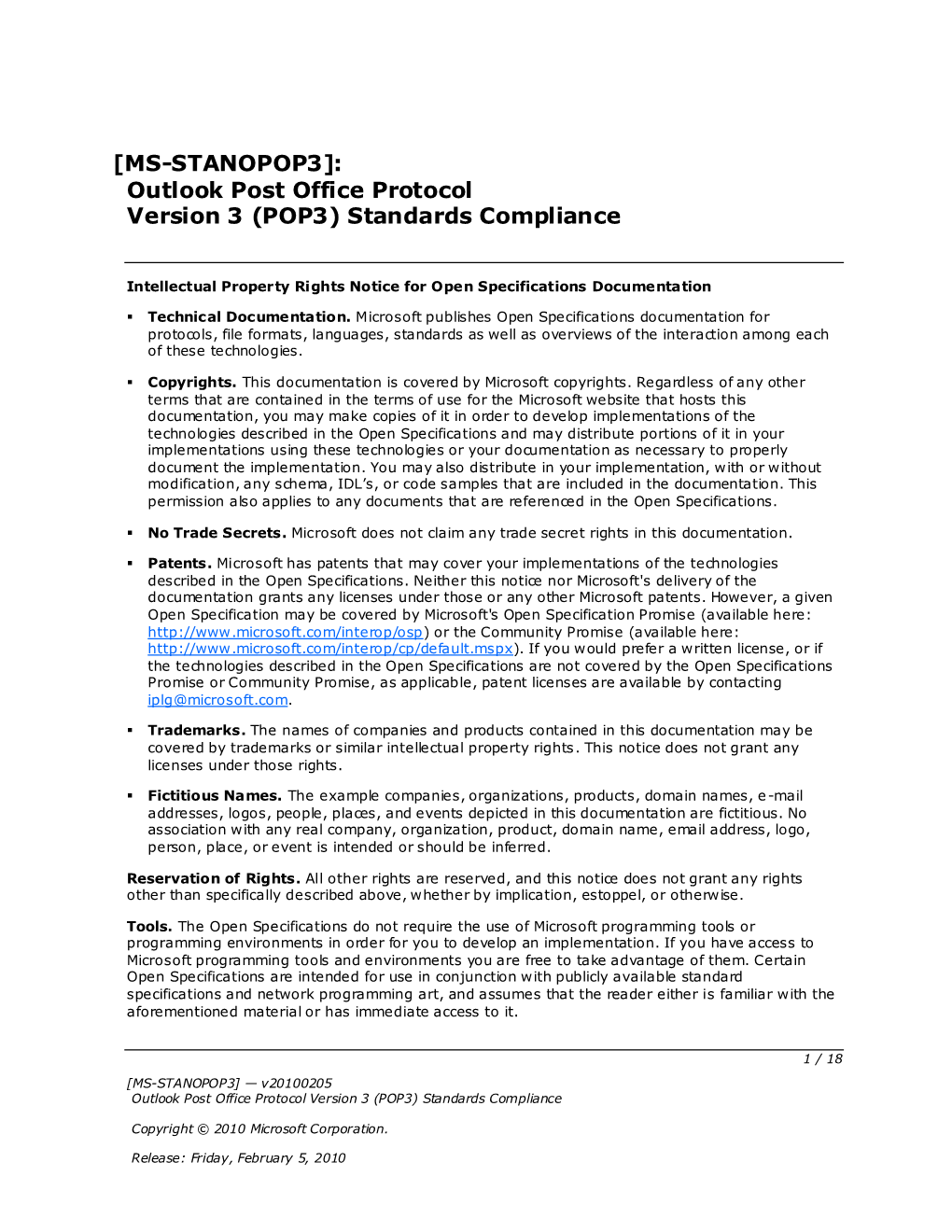 [MS-STANOPOP3]: Outlook Post Office Protocol Version 3 (POP3) Standards Compliance